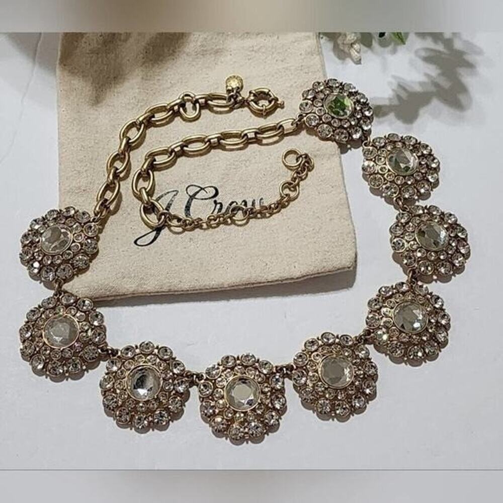 J. Crew Antique Gold Crystal Floral Medallion Statement Necklace Sunburst
